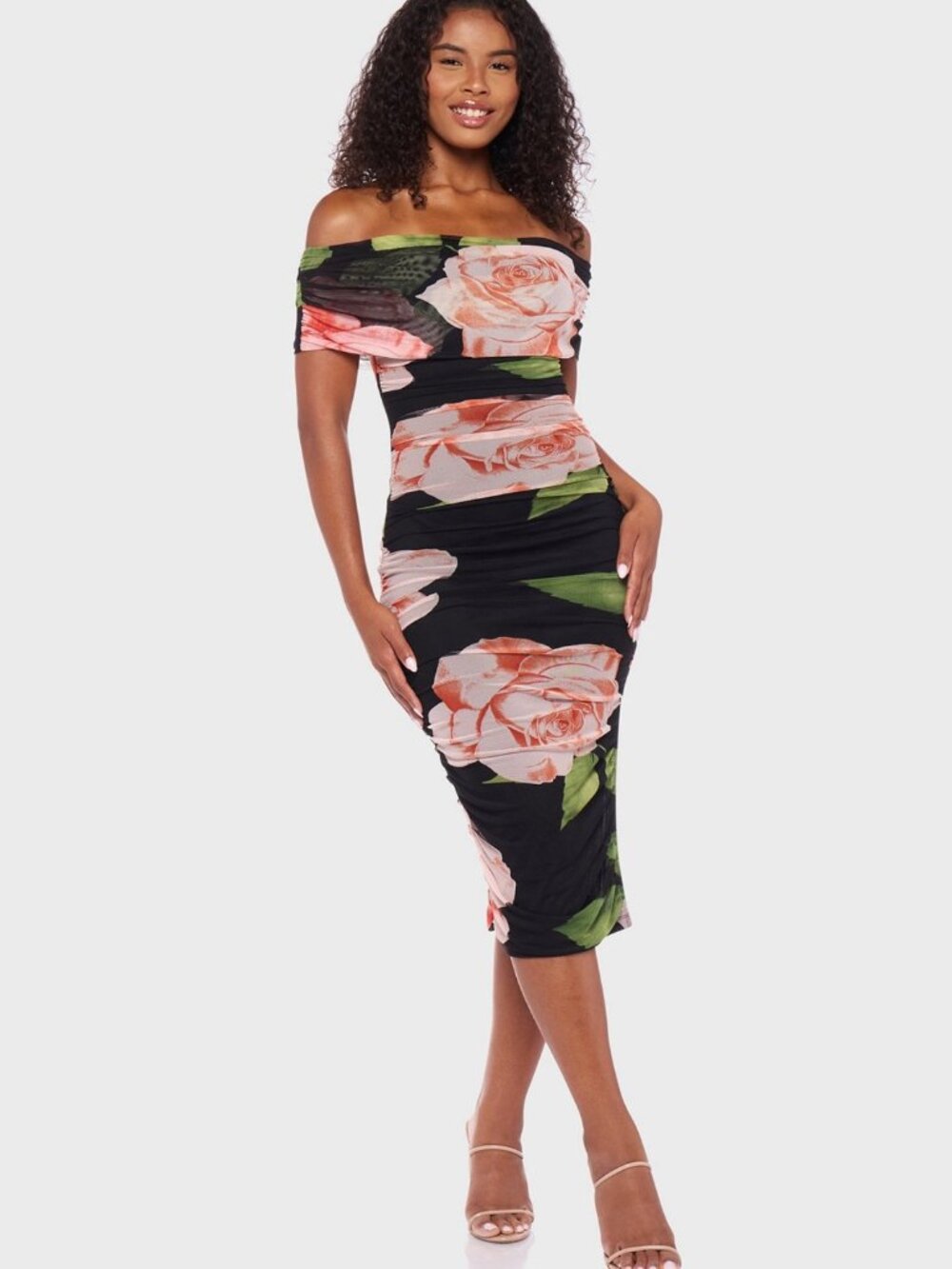 Floral Off-Shoulder Midi Dress By B. Darlin - Black & Peach - Ruched Design - XS